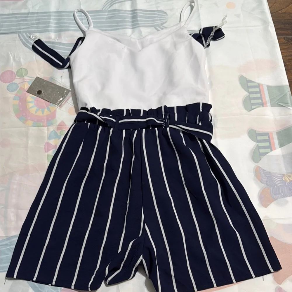 J for Justify White Top with Navy Striped Shorts